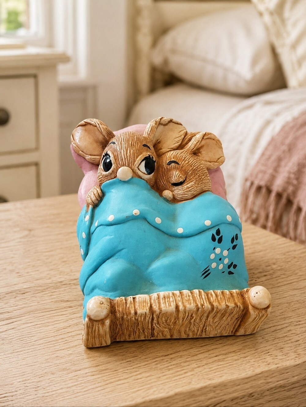 Vintage Pendelfin Twins Rabbits in Bed Stonecraft Figurine England
